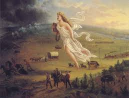 Painting of American frontier west in the background, large image of woman in white robes in foreground