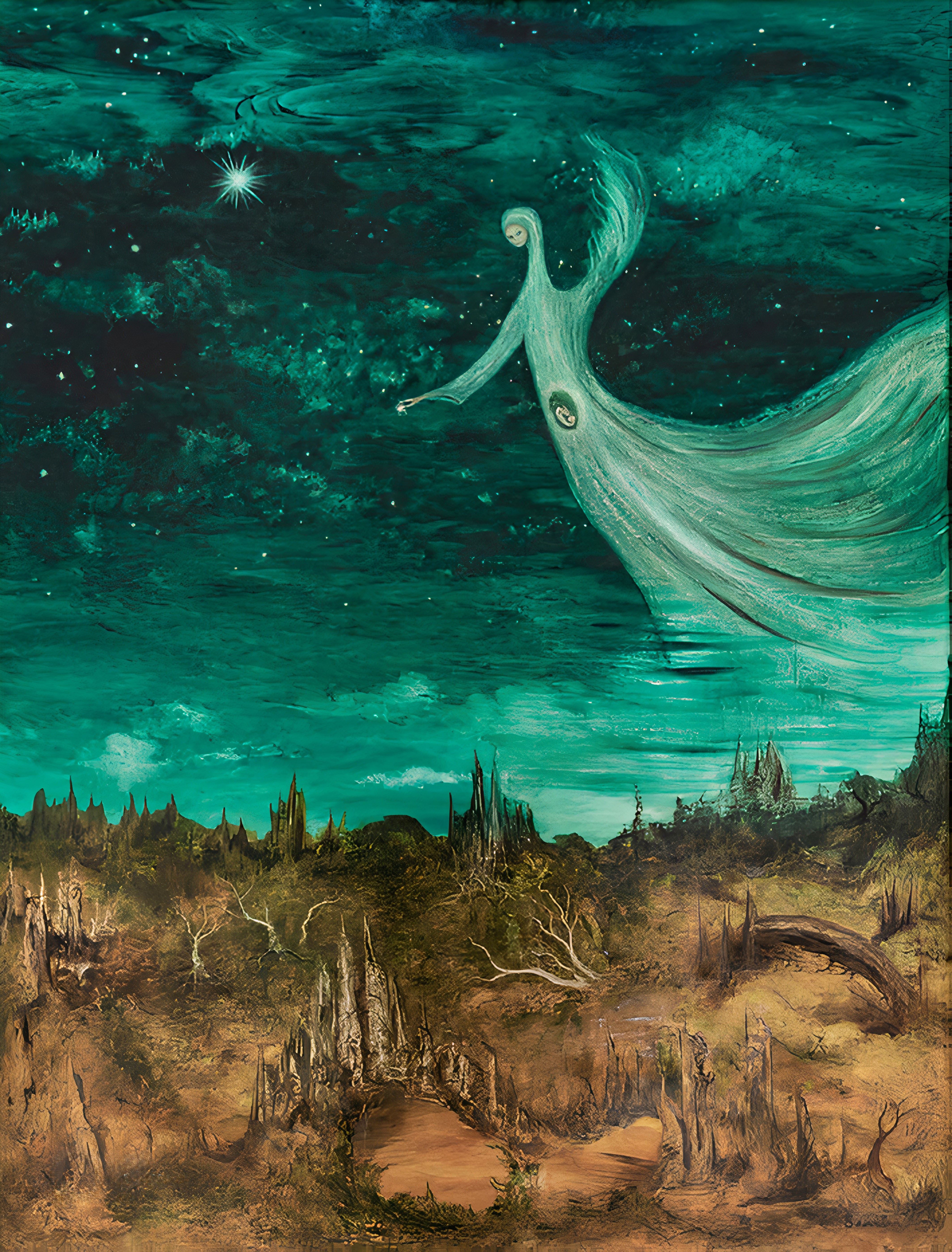 painting of ethereal figure floating through the sky