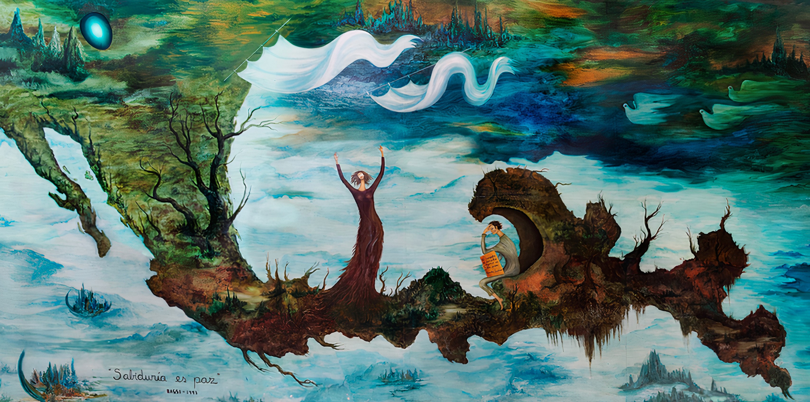 Painting of land mass surrounded by water and clouds with a a woman standing at the center, arms raised. There is a person sitting in an alcove with book on lap facing the woman