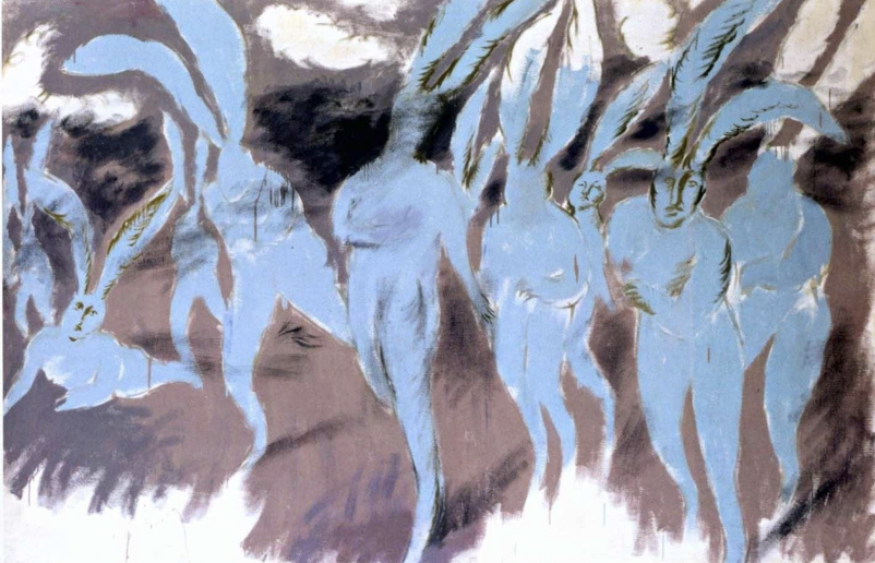 Oleh Holosii. Psychedelic Attack of the Blue Rabbits. 1990. Oil on canvas. 200 × 300 cm. From the archive of Oleksandr Soloviov. Courtesy of Oleksandr Soloviov.