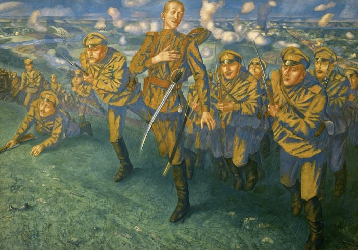 Kuzma Petrov-Vodkin. In the Line of Fire (Attack). Oil on canvas. 196 × 275 cm. From the collection of the State Russian Museum, Saint Petersburg, Russia. Public domain.