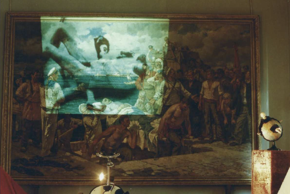 Oleksandr Roitburd. Psychedelic Invasion of the Battleship Potemkin into the Tautological Hallucinations of Sergei Eisenstein. Video projection onto Leonid Muchnyk’s painting Rebel Sailors of the Battleship Potemkin Carry the Murdered Vakulenchuk to Shore (1948). Shown at the Odesa Fine Arts Museum. 1998. Courtesy of the author’s family.