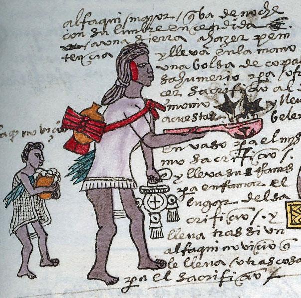 Figure 5. Painting of a priest with a bag of incense followed by his apprentice. Codex Mendoza, folio 63r., https://codicemendoza.inah.gob.mx/