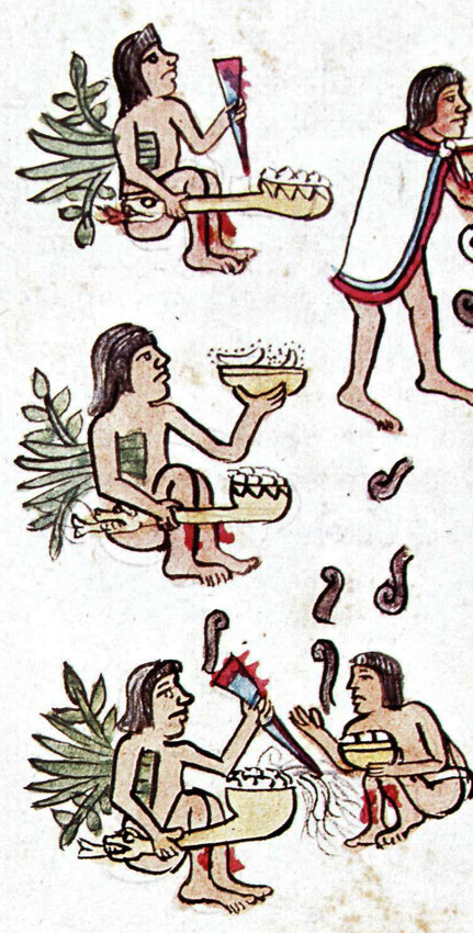 Figure 2. Codex painting of men burning incense alongside ritual bloodletting.  Codex Magliabechiano, folio 87r, https://archive.org/details/codex-magliabechiano