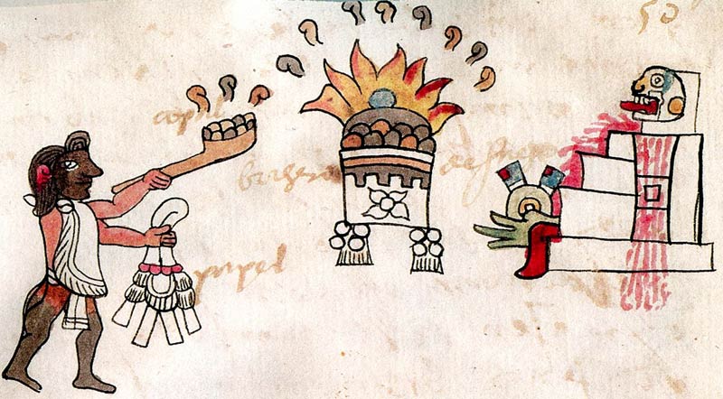 Figure 3. Priest holds incense bag as smoke rises from the tlemaitl (handheld copal censer) and a large brazier near the temple. Codex Tudela, folio 50r, https://archive.org/details/tudela-codex/page/n157/mode/2up