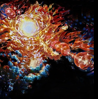 Abstract image with roiling yellow-white ball surrounded by orange and then darker colors