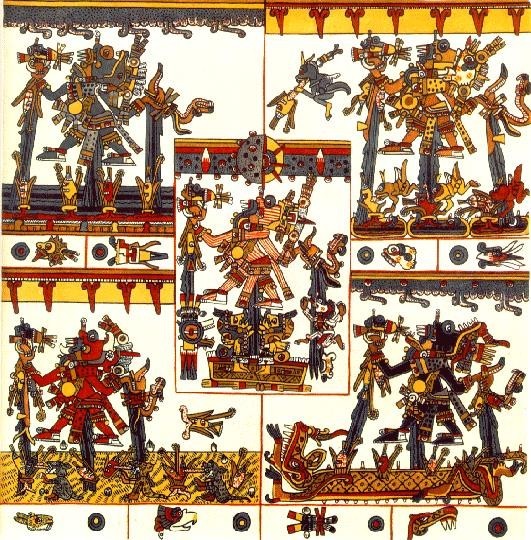 Illustration from a pre-Columbian Mesoamerican codex depicting several elaborately dressed deities in ceremonial scenes, arranged in five panels with colorful red, gold, black, and blue figures.