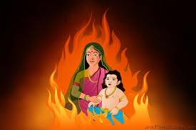 Holika holding Prahlada surrounded by a blazing fire.