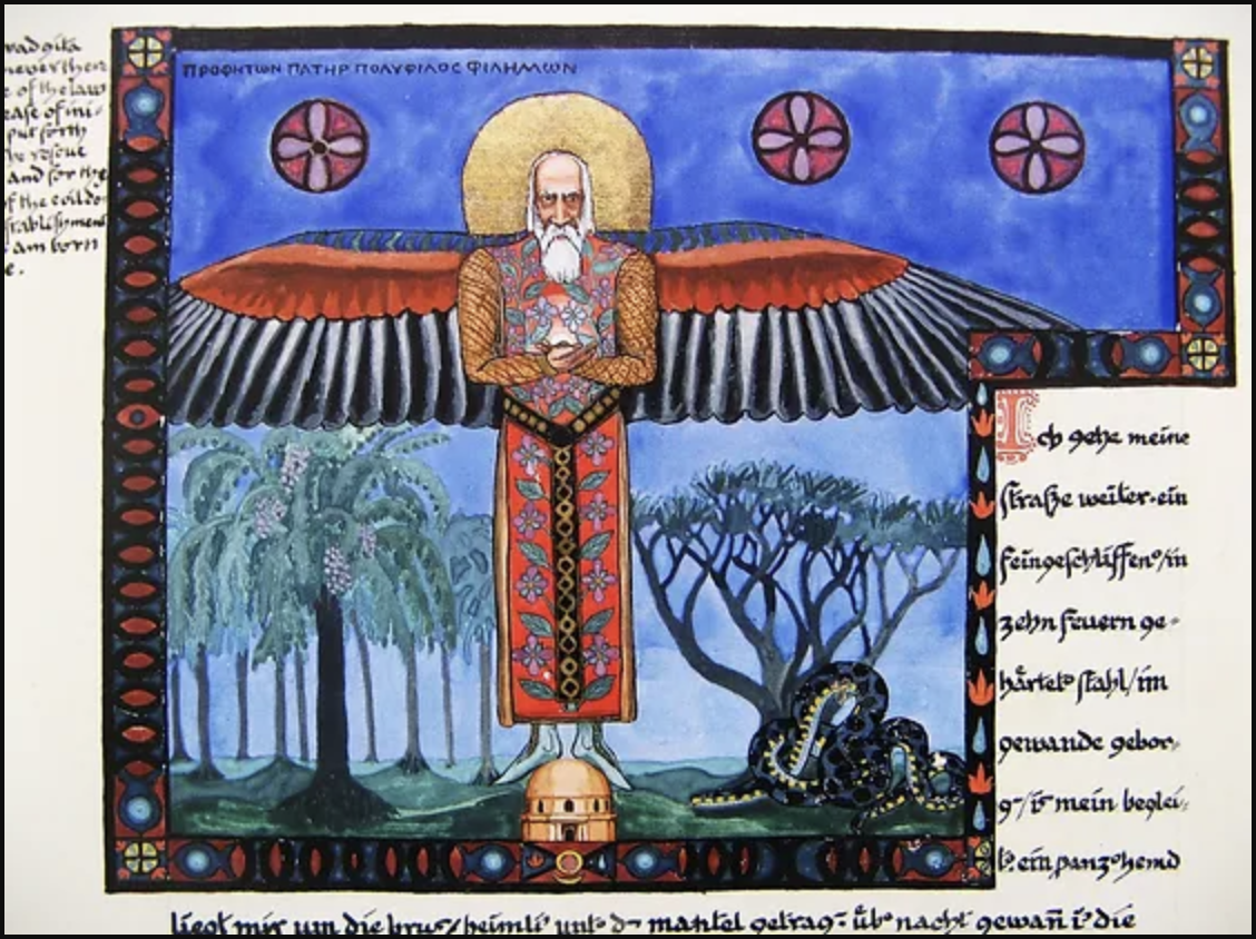Colorful painting done by Carl Jung of himself with wings and surrounded by nature and symbols