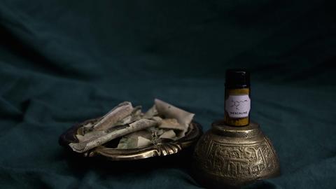 a small bottle labeled "mescaline" alongside a bronze tray holding dried cactus