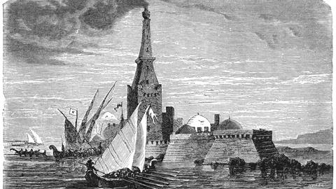 A black and white rendering of a Roman lighthouse in Alexandria, Egypt