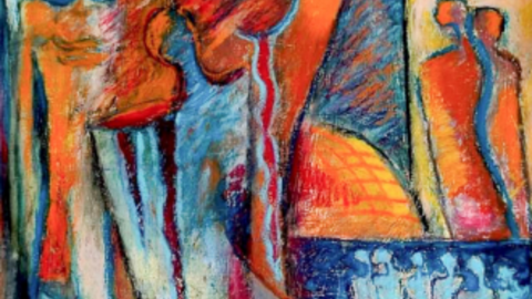 Colorful charcoal drawing of human figures and geometric shapes