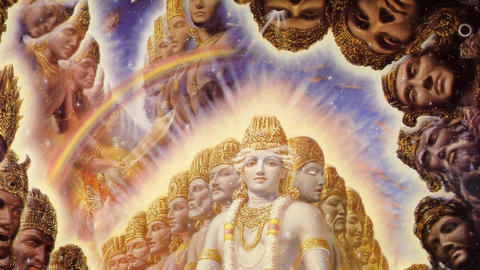 Krishna surrounded by heads of other gods.