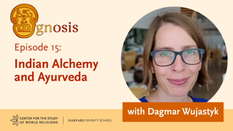 card with Om-gnosis logo, title of podcast episode and portrait of Dagmar Wujastyk