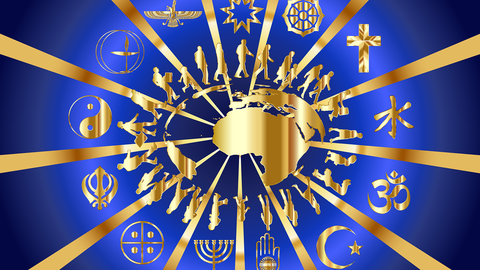 Blue background with gold rays emanating from center, religious symbols in between rays