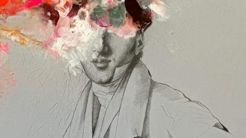 Painting of man with head bursting with colors