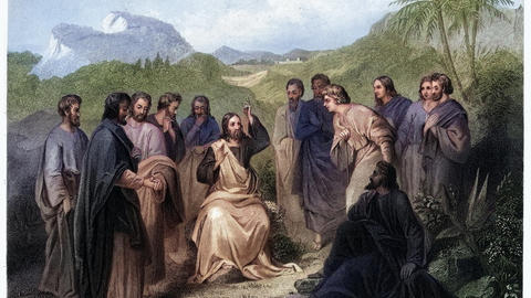 Jesus Christ's sermon on the Mount, Bible, Vintage religious illustration art stock illustration
