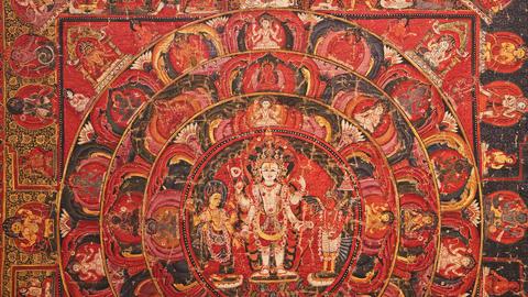Vishnu With Shridevi And Garuda. Close up View centre of mandala is Vishnu as para or Supreme deity, painted white as described in Panchratra Samhita. He is accompanied by his mount Garuda and consort Sridevi