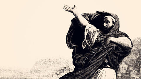 Image of a cloaked man raising his hand