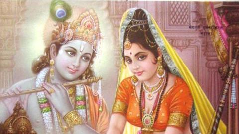Mirabai ties bells to her ankles to dance for Krishna. Bazaar poster, c. 1980s.