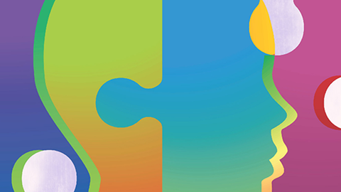 Multicolored artistic rendition of human head in profile with puzzle piece mapped onto it