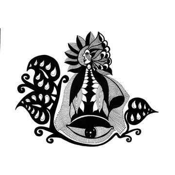 A line drawing of a feminine spirit with sacred plant elements