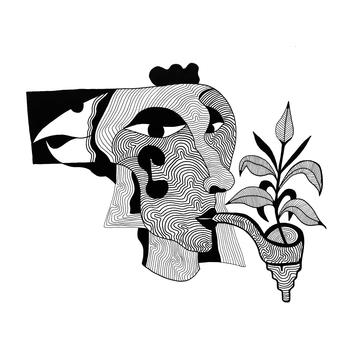 A line drawing of a woman holding a plant with her tongue