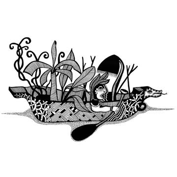 A line drawing of a yakuruna (water being) paddling through water in a canoe