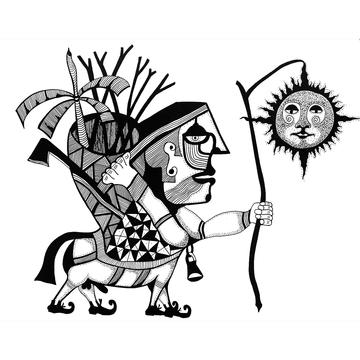 A line drawing of a figure holding a staff from which hangs the sun