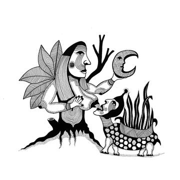 A line drawing of a figure growing out of a tree stump nursing a four-legged figure