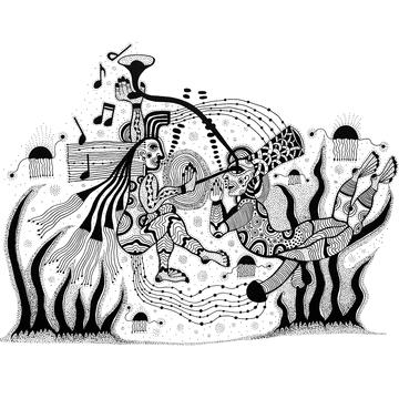 A line drawing of two figures with music motifs