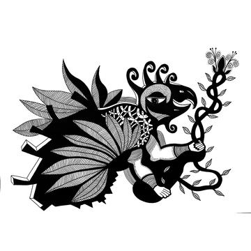 A line drawing of a figure holding a vine