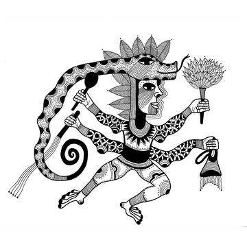 A line-drawing of a four-armed figure holding instruments with a snake atop its head