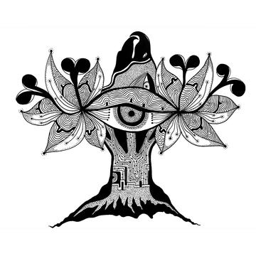 A line drawing of a tree with an eye in the center