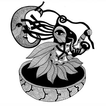 A line drawing of a bird-like figure playing a musical horn and connected to a crescent moon by ribbons