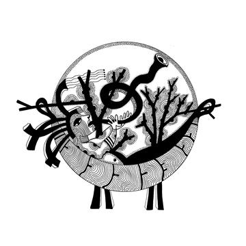 A line drawing of a reclined person playing a musical horn
