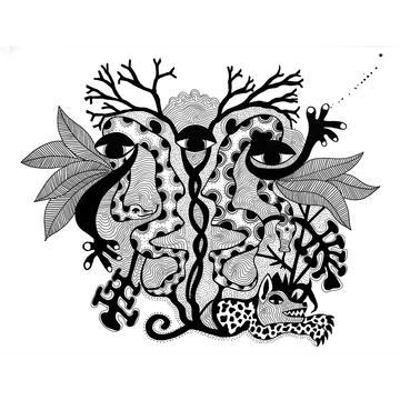 A line drawing of interwoven animals and plants