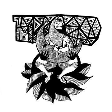 A line drawing of a woman holding a crescent moon