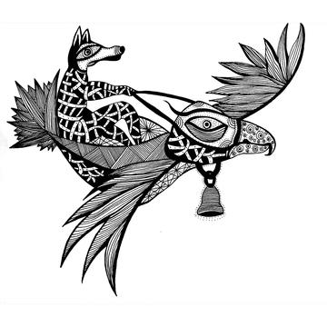 A line drawing of a coyote atop an eagle
