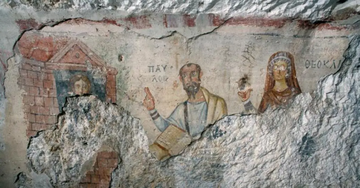 Caption: A fresco from the fifth century in a cave Ephesus&nbsp;depicts Thecla (left) being addressed by Paul (center) and Thecla's mother Theocleia (right)