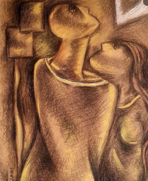 Pencil etching of a male and female character facing each other
