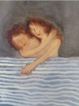 Colored chalk drawing of two female images embracing over water
