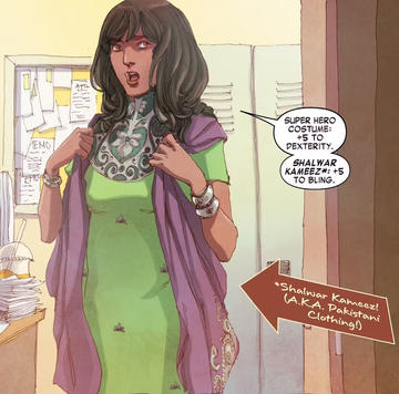 Comic rendition of woman in green dress and purple shawl