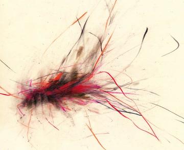 colored pencil erratic lines in black and red with a yellow background