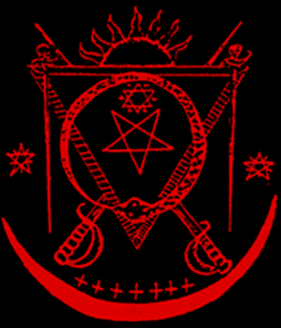 Image of various symbols in red: a star, snake encircled, swords, sun on a black background
