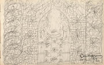 drawing in pencil featuring many lines, flowers