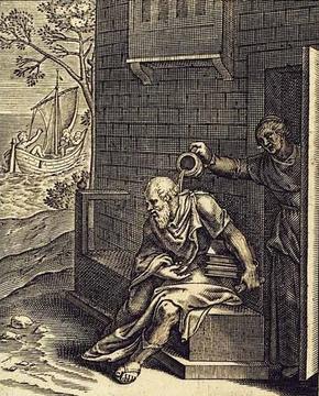 Engraving showing Socrates and Xanthippe