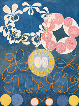 Whimsical images of shapes and swirls in different colors on a blue background