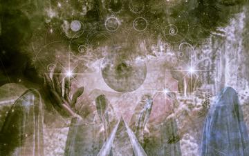 Abstract image of ethereal looking shapes, a hand, some draped figures
