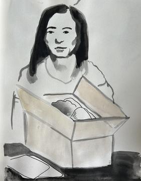 Drawing of a woman holding a box